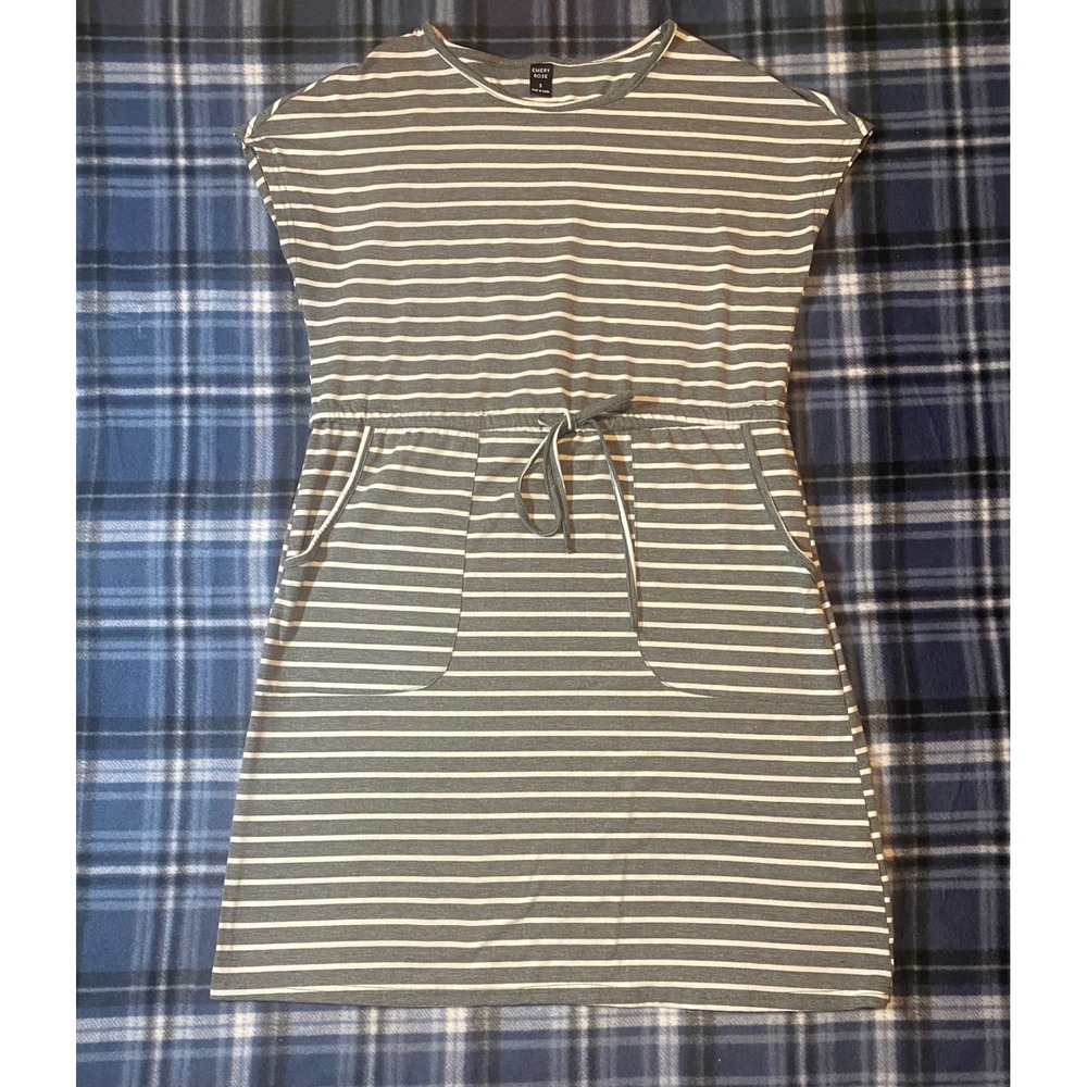 Emery Rose‎ Grey White Striped T-Shirt Dress Drawstring Waist Pockets Small